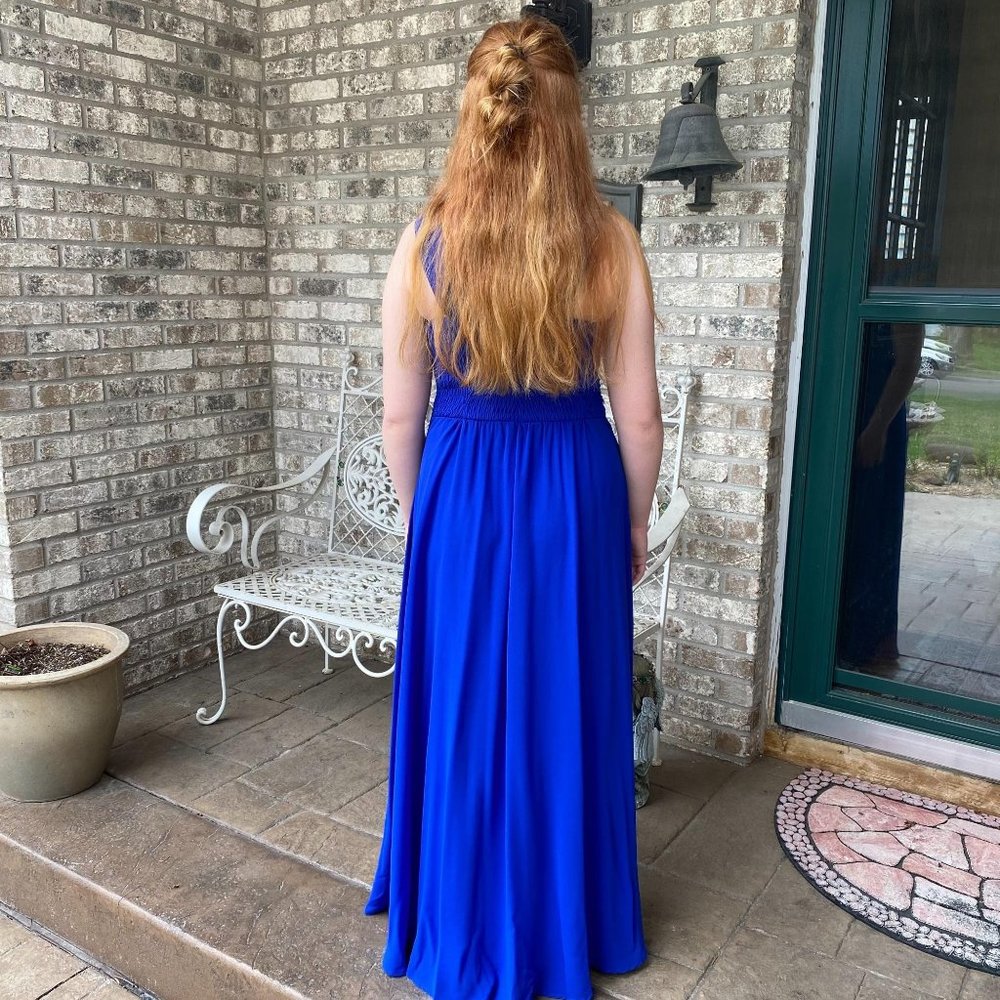 Formal Prom Long  Dress Blue Beaded Mesh 4 - Picture 6 of 12